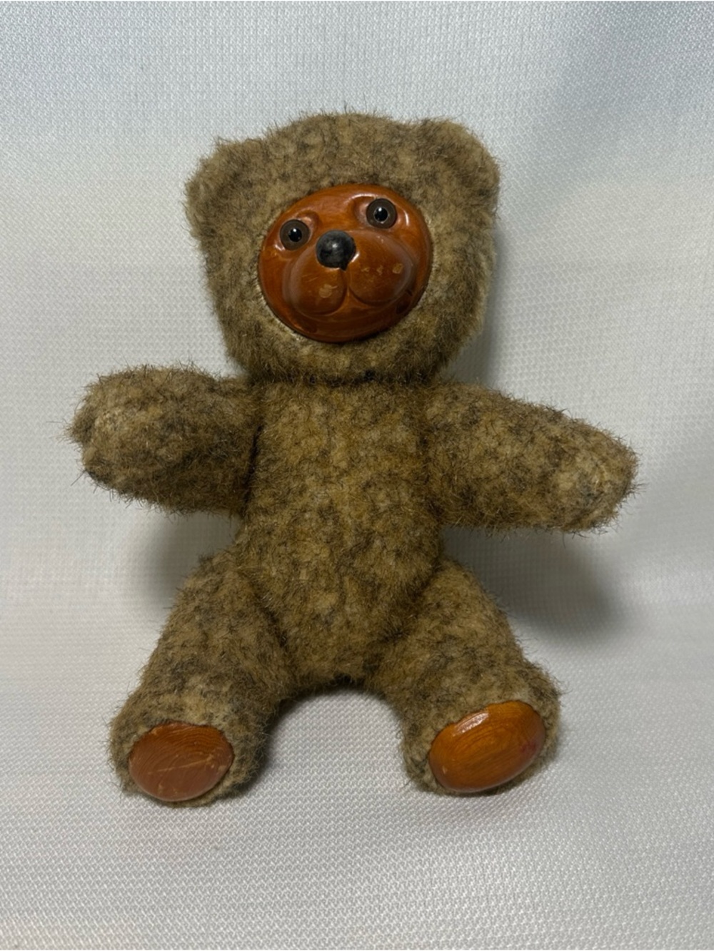 Vintage Robert Raikes Brown Plush “Jamie” Teddy Bear with Wooden Face and Paws